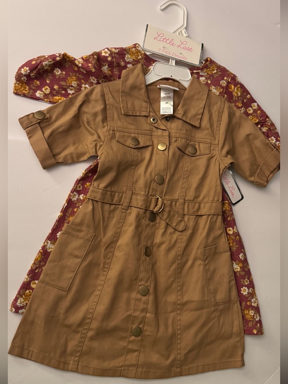 Little Lass Tan Button-Front Utility Dress with Belt